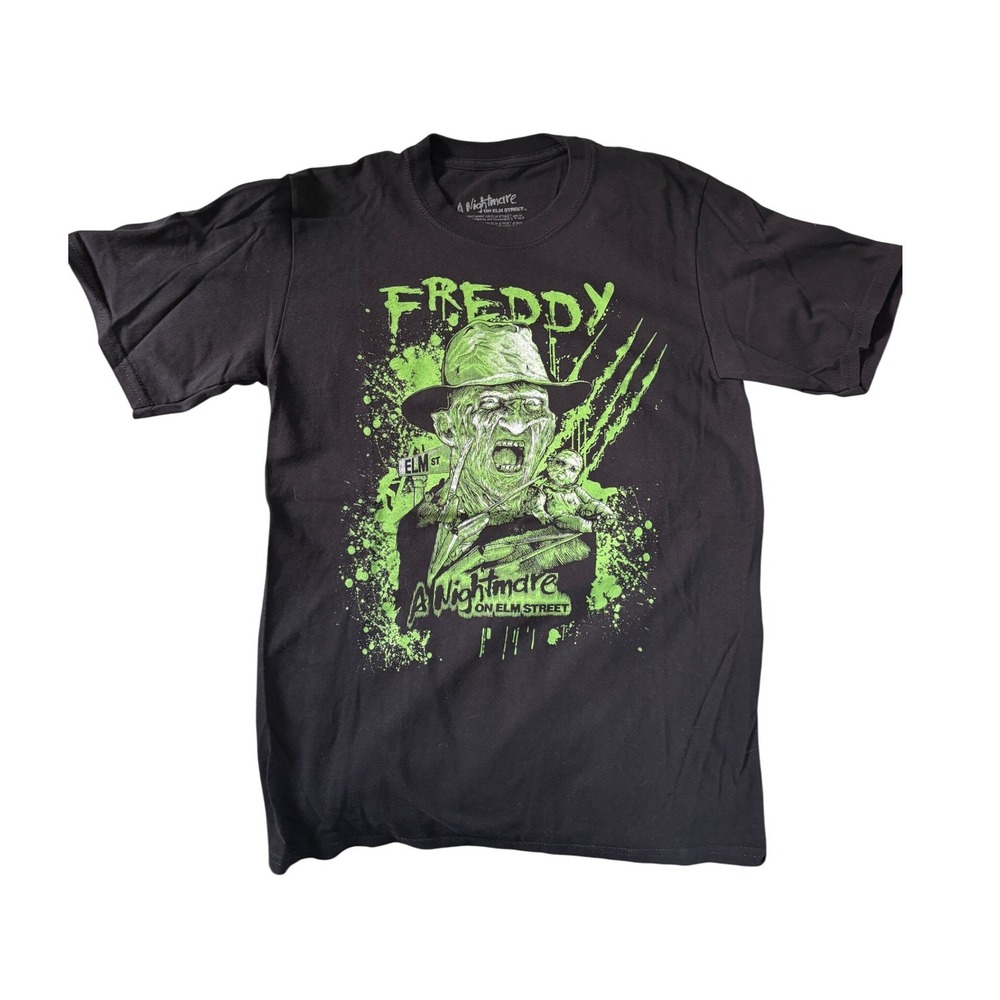 A Nightmare on Elm Street Freddy Krueger Black Neon Green Graphic T-Shirt Small